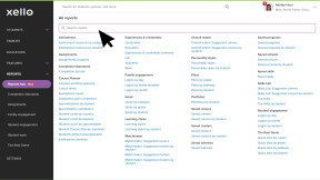 Educator account in Xello. The Reports hub is open with the search bar highlighted